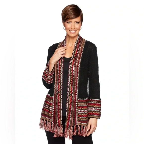 Ruby Rd. black southwest print 3/4 sleeve fringed open cardigan Size Large - Picture 1 of 9